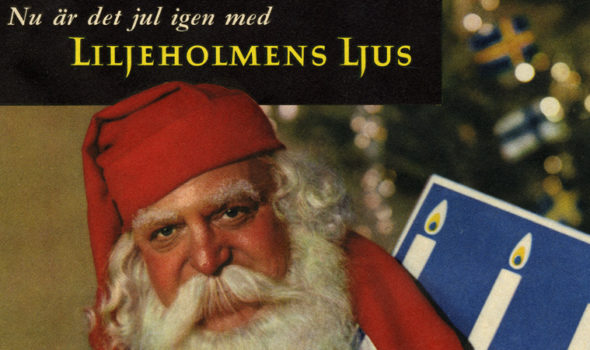 Julannons för Liljeholmens grenljus med tomten. Ur Centrum för Näringslivshistorias arkiv.