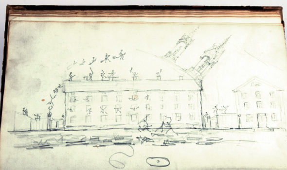 Klotter i en bok från 1865. Ur Bolinders Mekaniska Verkstads AB arkiv hos Centrum för Näringslivshistoria.